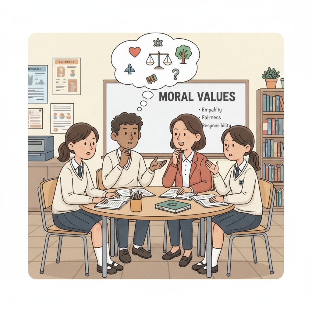 Students discussing moral values in a classroom related to moral philosophy, ethics, empathy, and education
