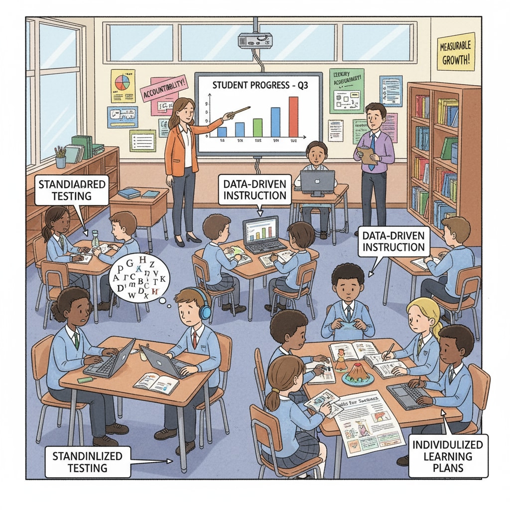 A classroom scene where students are engaged in learning activities, which could be a result of the educational reforms brought by the NCLB Act. Classroom scene influenced by NCLB Act educational reforms