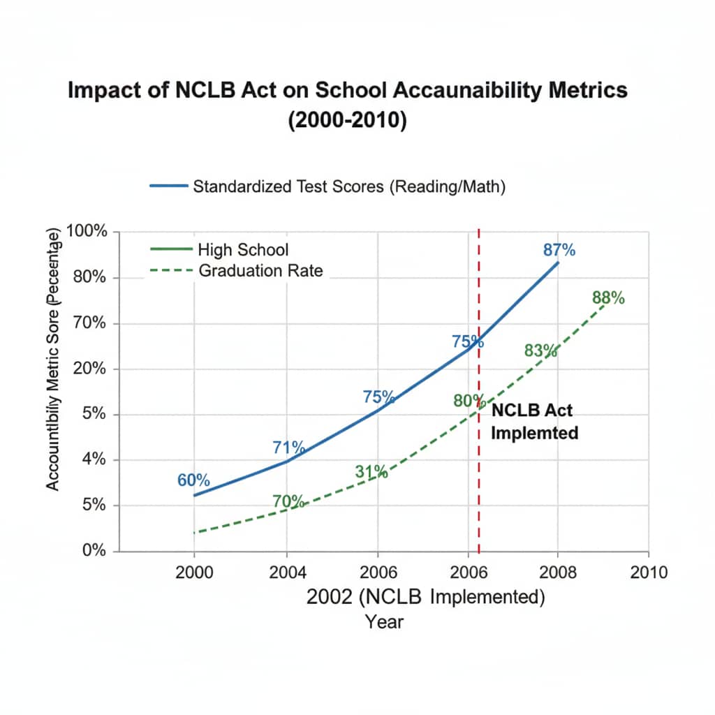 A graph depicting the changes in school accountability metrics such as test scores and graduation rates before and after the implementation of the NCLB Act. Graph showing NCLB Act's impact on school accountability metrics