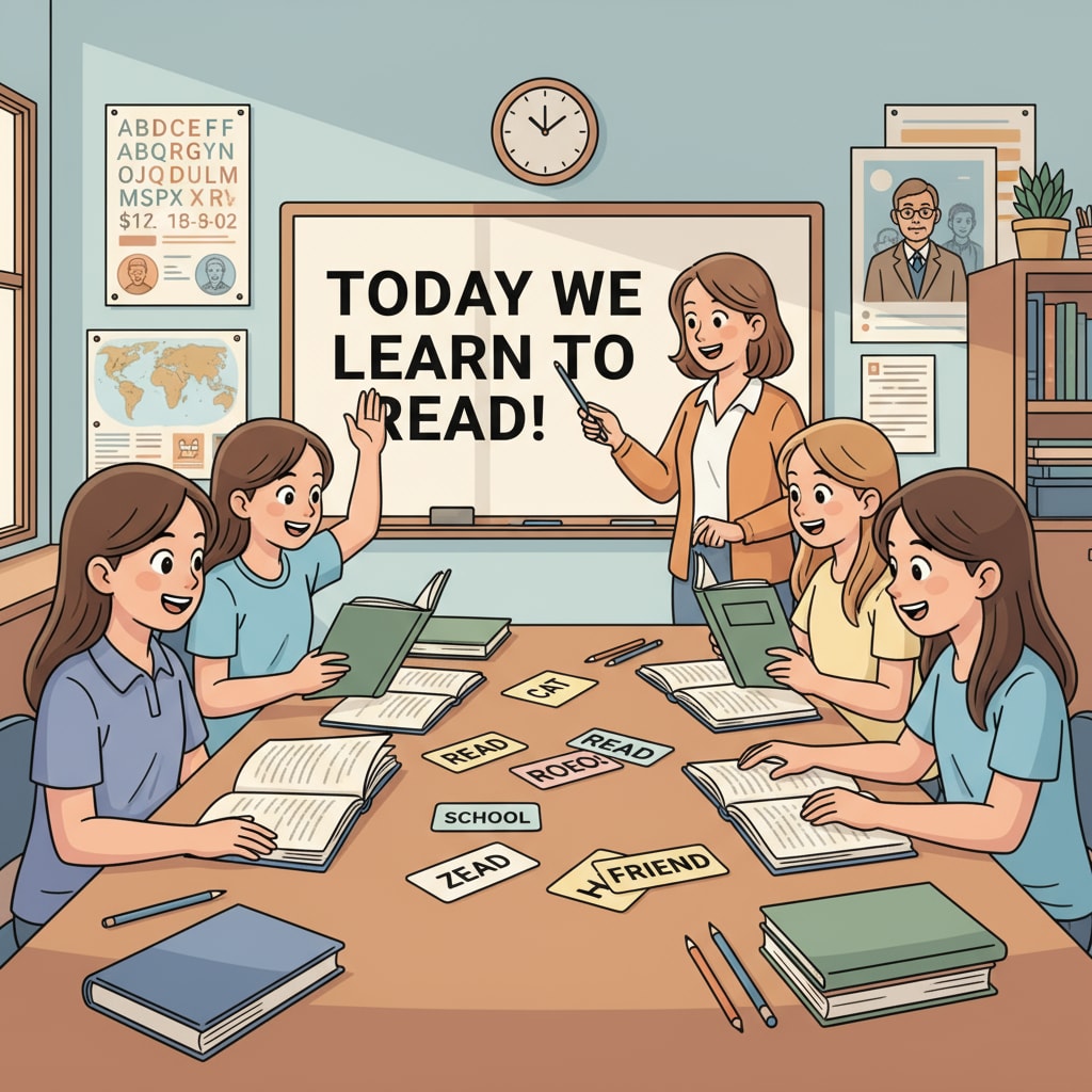 A group of 13 - 14-year-old girls sitting around a table, eager to learn basic literacy skills Teenage girls learning basic literacy skills around a table