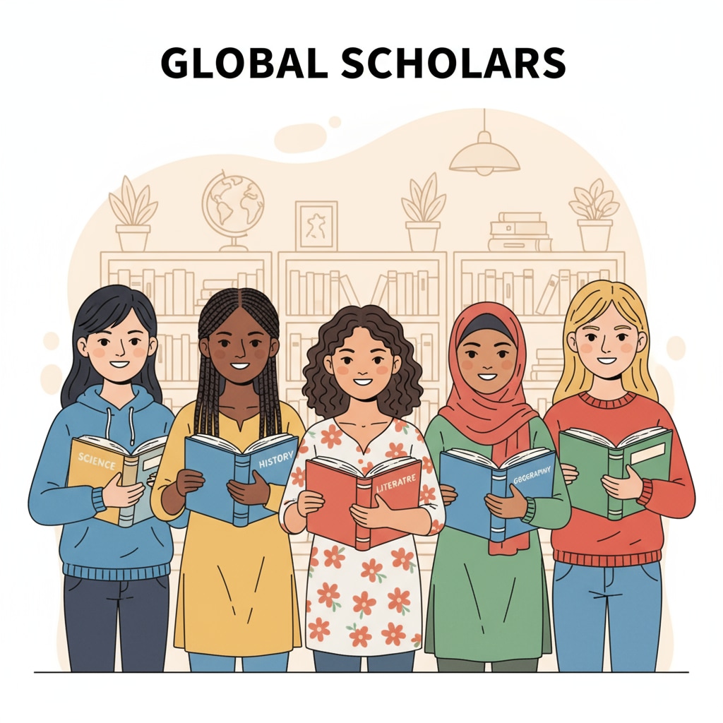 A diverse group of teenage girls from different cultural backgrounds, smiling and holding books Diverse teenage girls from different cultures holding books and smiling