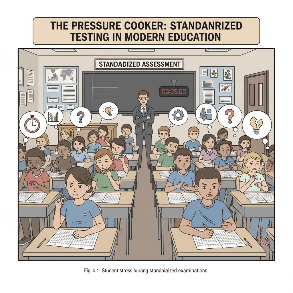 A classroom scene showing the impact of standardized testing on students' learning related to school systems, obedience, curiosity, and learning styles