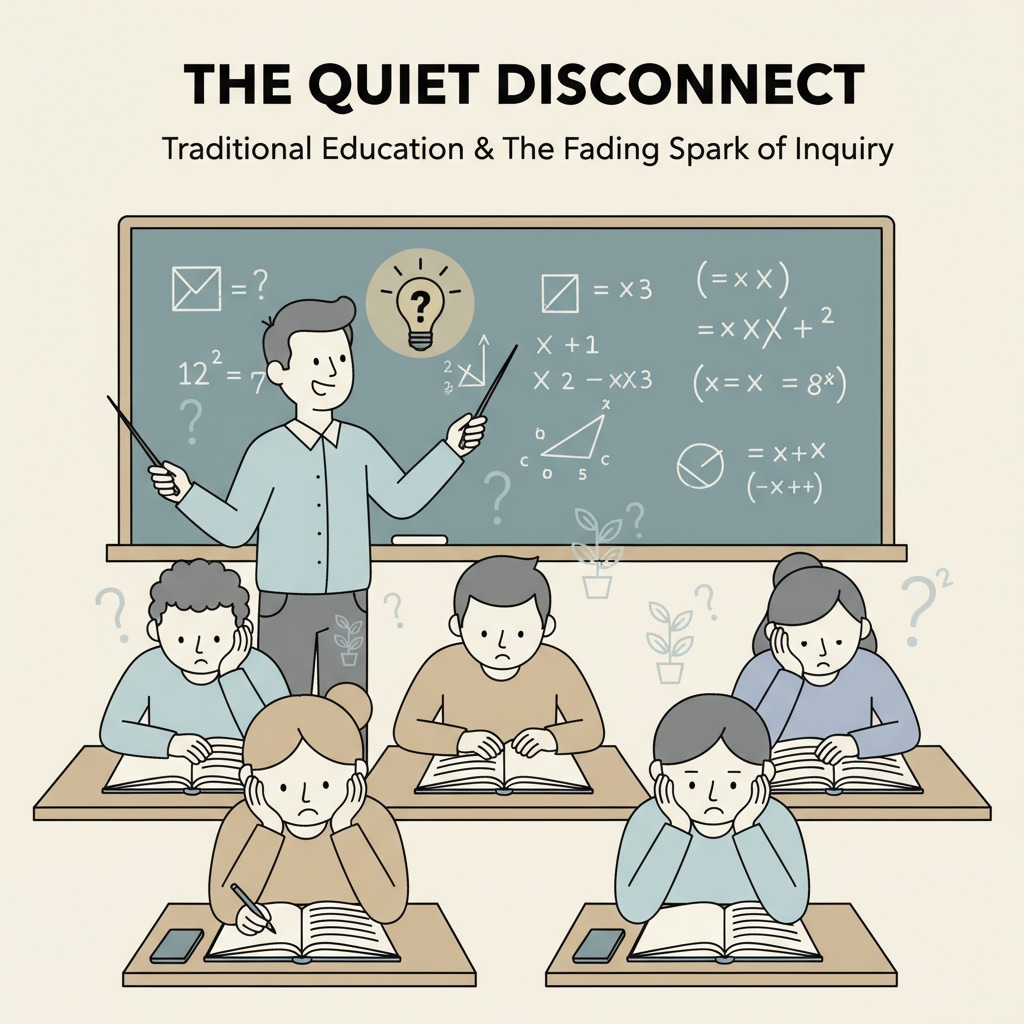 A scene depicting students' boredom in a lecture, related to school systems, obedience, curiosity, and learning styles