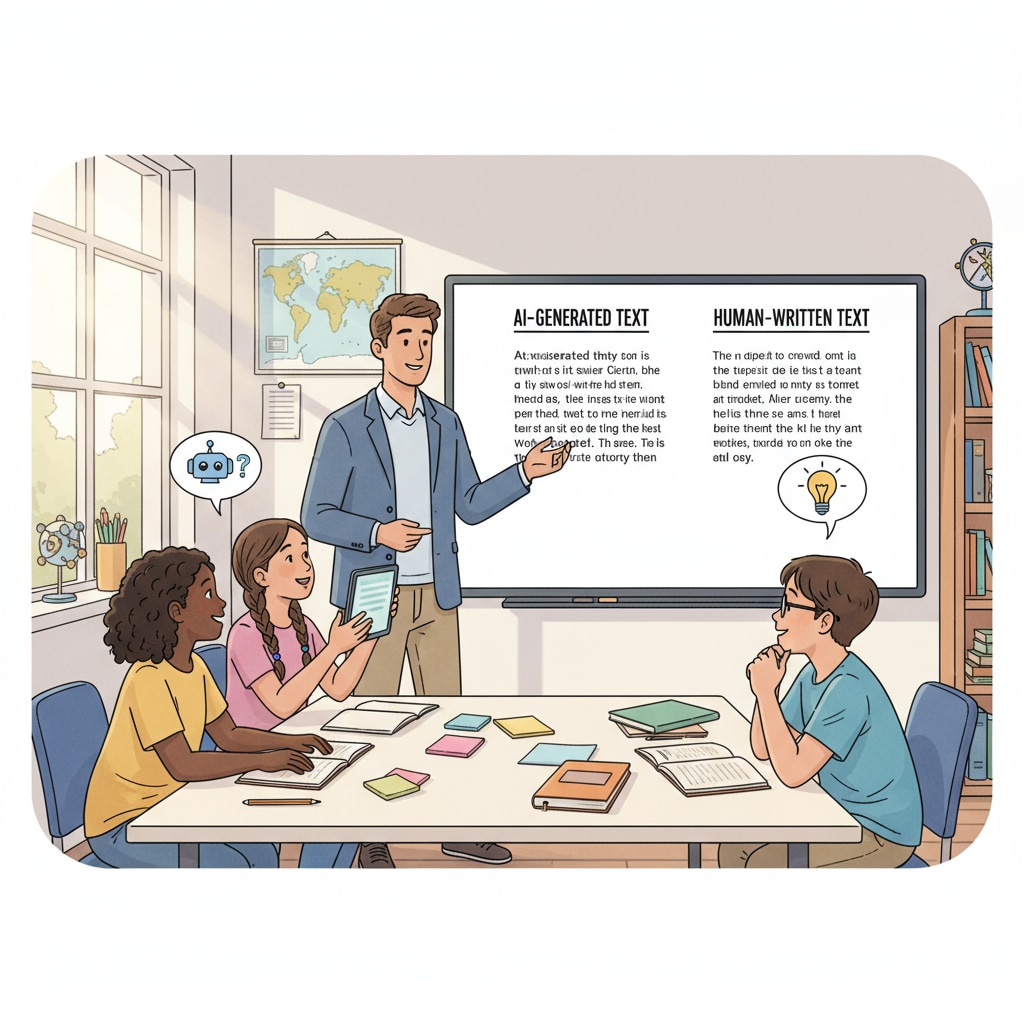 Students discussing the difference between AI and human writing in a classroom