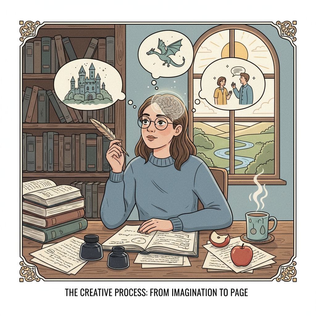 A writer sitting at a desk, lost in thought while writing a story