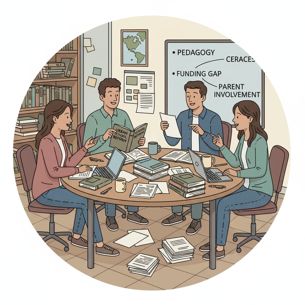 A group of students are sitting around a table, passionately discussing various urban education topics, with books and papers spread out in front of them. Students discussing urban education topics as part of a university project with virtual interview elements