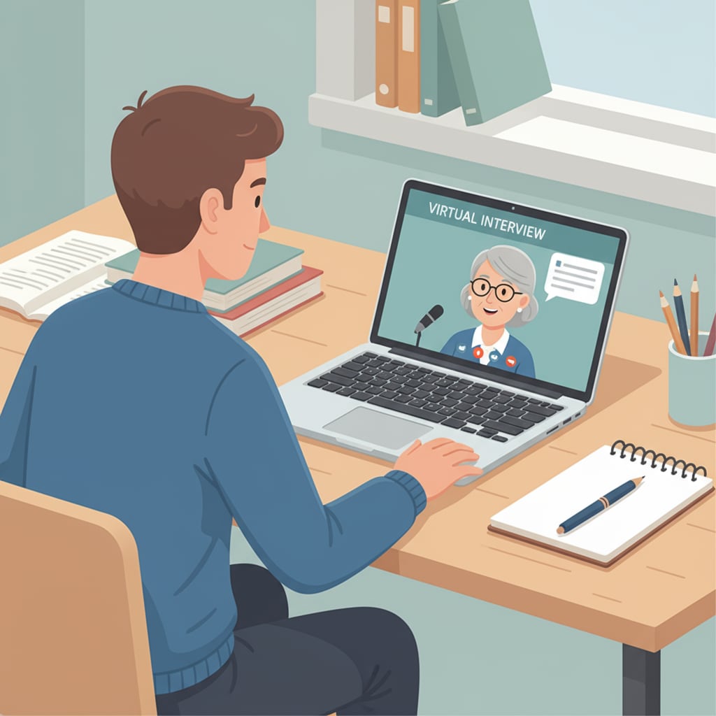 A student is sitting in front of a laptop, engaged in a virtual interview with an educator on the other side of the screen. The student has a notepad and pen ready to take notes. A student conducting a virtual interview with an educator for an urban education university project