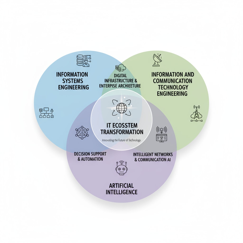 An illustration that visually represents how Information Systems Engineering, Information and Communication Technology Engineering, and Artificial Intelligence interact and overlap in the IT ecosystem. Visual representation of the relationship between ISE, ICT, and AI in the context of IT professional selection and career development