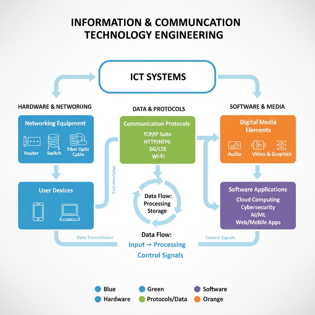 A diagram showing the key components and subsystems within Information and Communication Technology Engineering, such as networking equipment, communication protocols, and digital media elements. Diagram of the components of ICT related to IT professional selection and career development