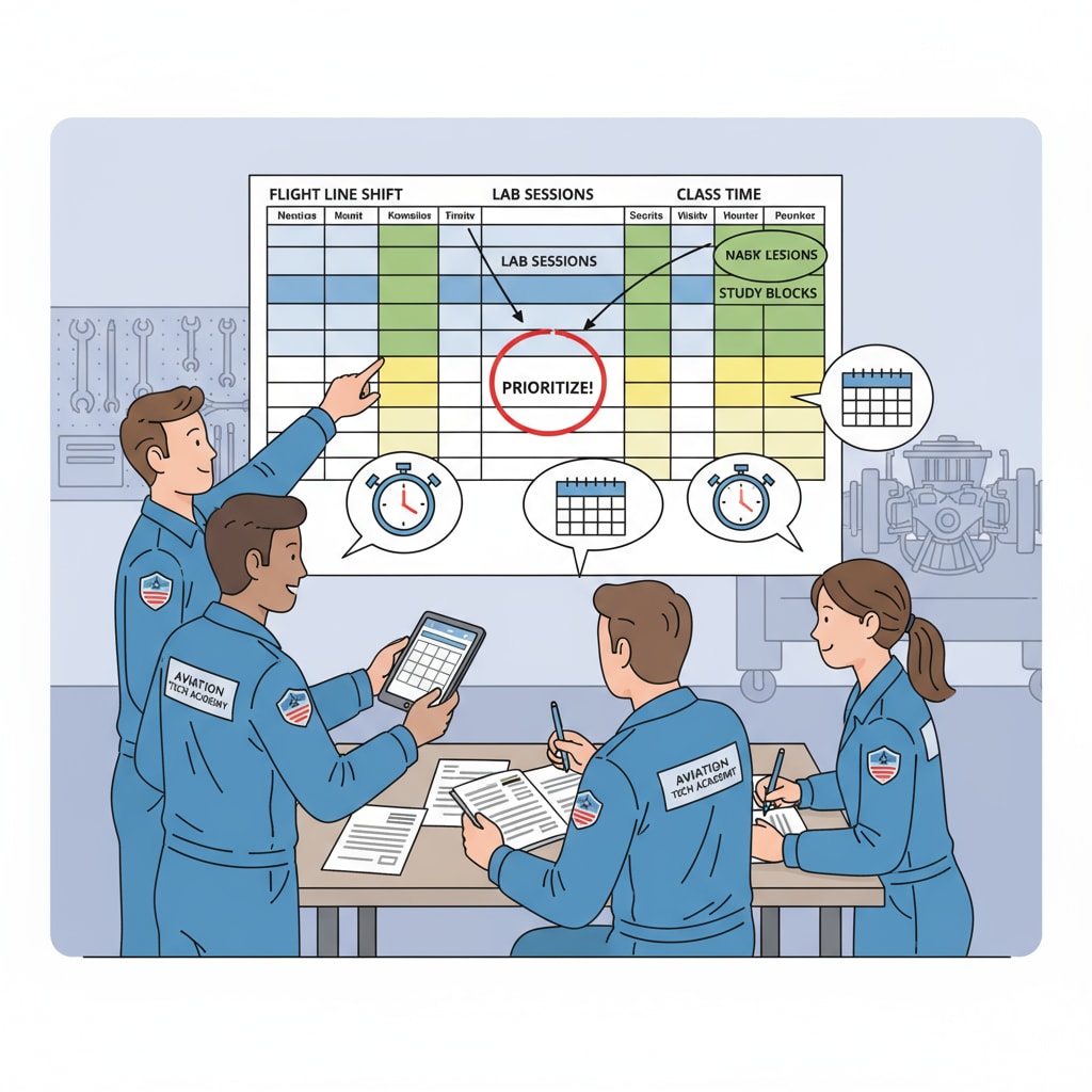 Aviation maintenance students discussing time management for internship workload and study balance.