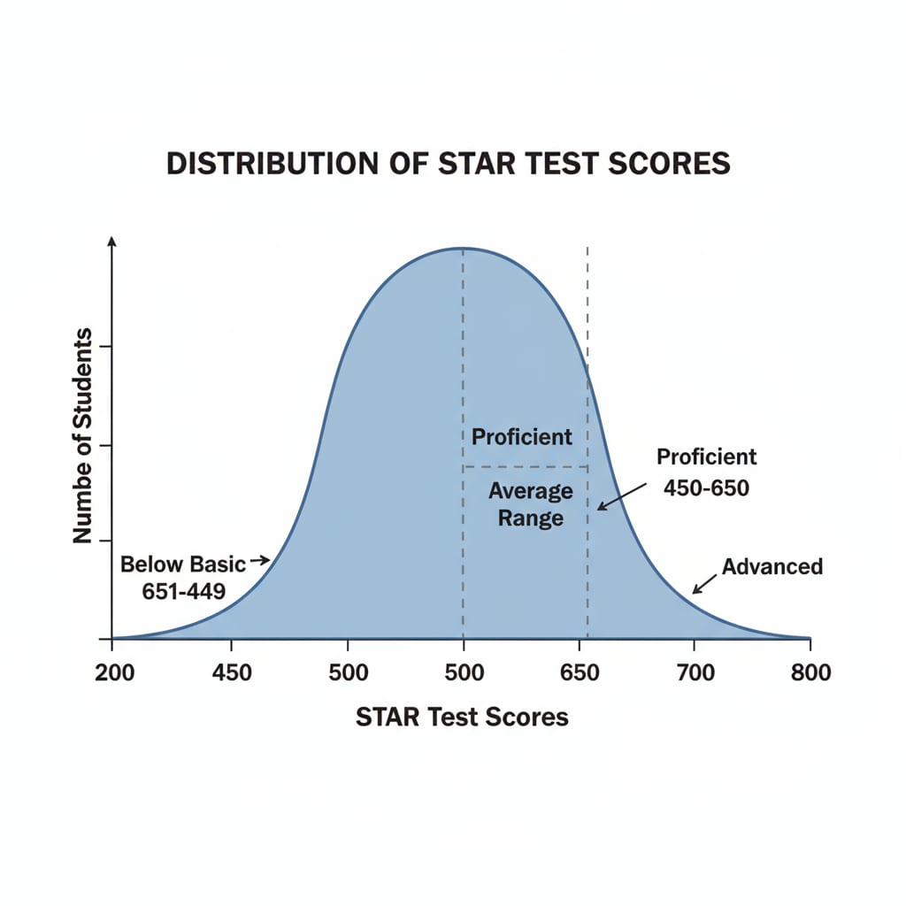 STAR test score distribution graph related to percentile ranks and student performance