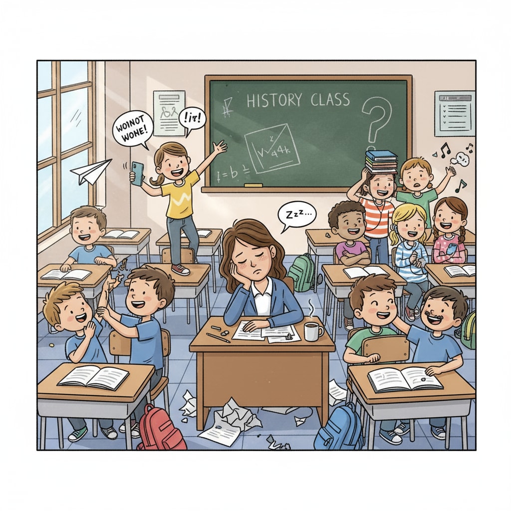 A teacher is shown looking extremely tired as a group of students in the classroom are being unruly, talking loudly and not paying attention. A teacher dealing with student behavior issues and showing signs of work stress due to lack of support