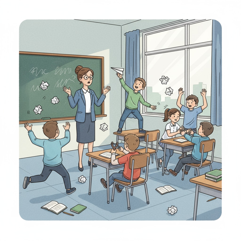 A classroom scene where several students are misbehaving, standing up, throwing paper, and ignoring the teacher who has a worried expression on their face. Students misbehaving in a classroom, causing work stress for the teacher who lacks support