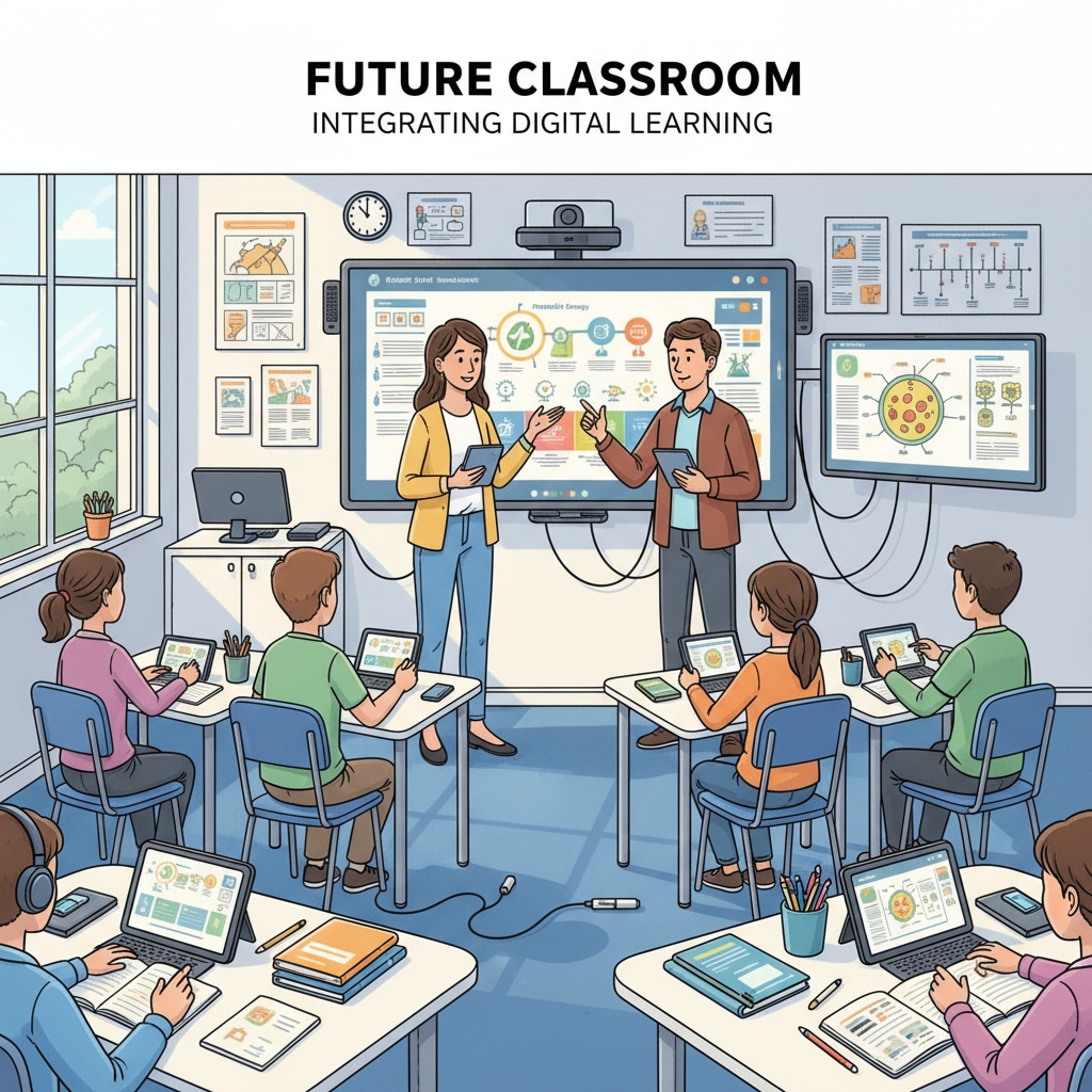 A classroom scene where teachers are using digital tools such as tablets and projectors to teach students, demonstrating the integration of educational technology in modern teaching. Classroom with teachers using digital tools for teaching, related to teaching methods, postgraduate programs, and educational technology