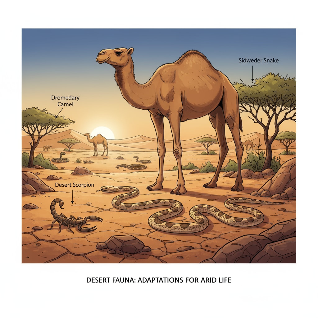 A group of desert animals like camels, scorpions, and snakes in their arid habitat Desert animals demonstrating their survival adaptations and evolution in their natural environment