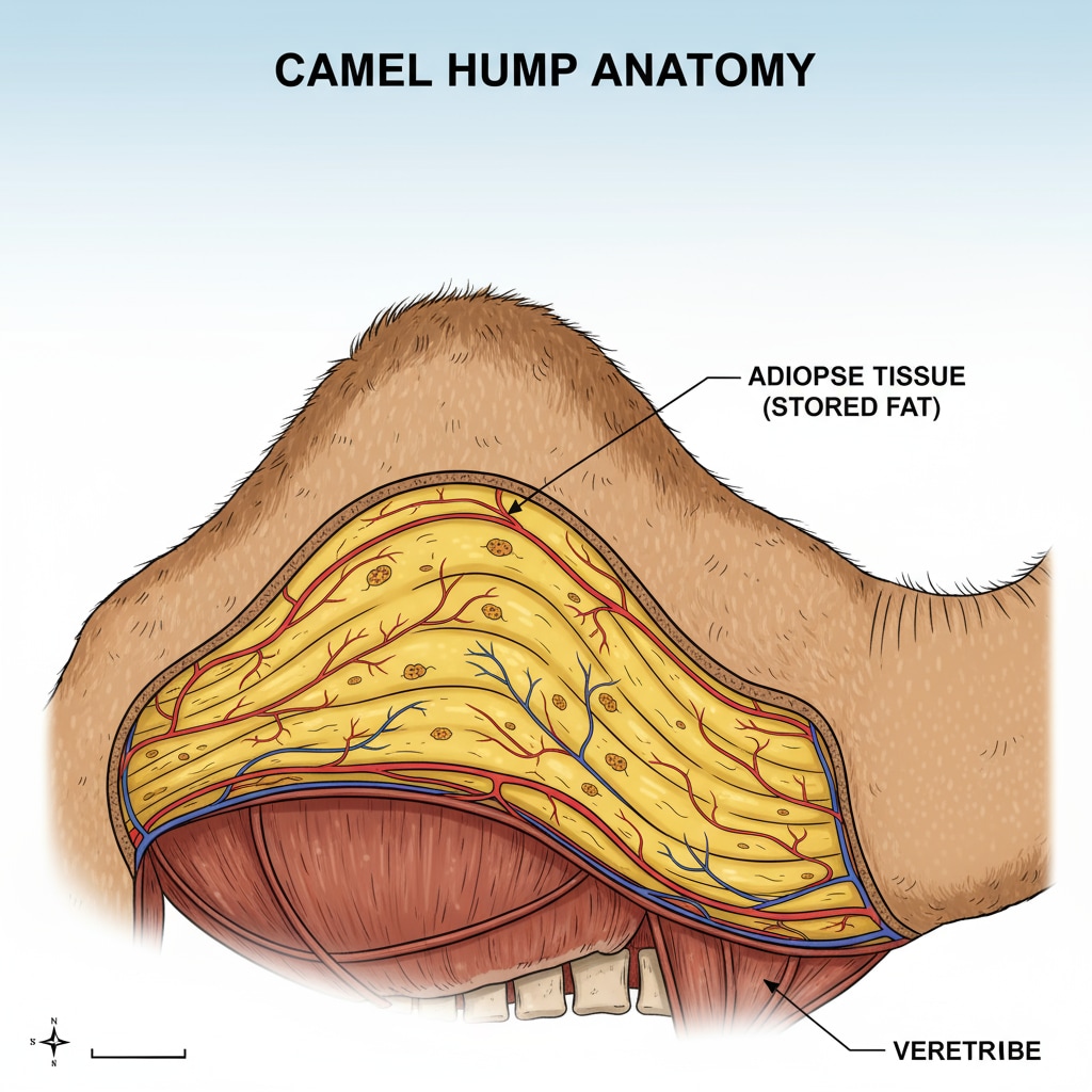 A close-up of a camel's hump The hump of a camel, a key survival adaptation in the desert, showing its structure related to fat storage for survival and evolution