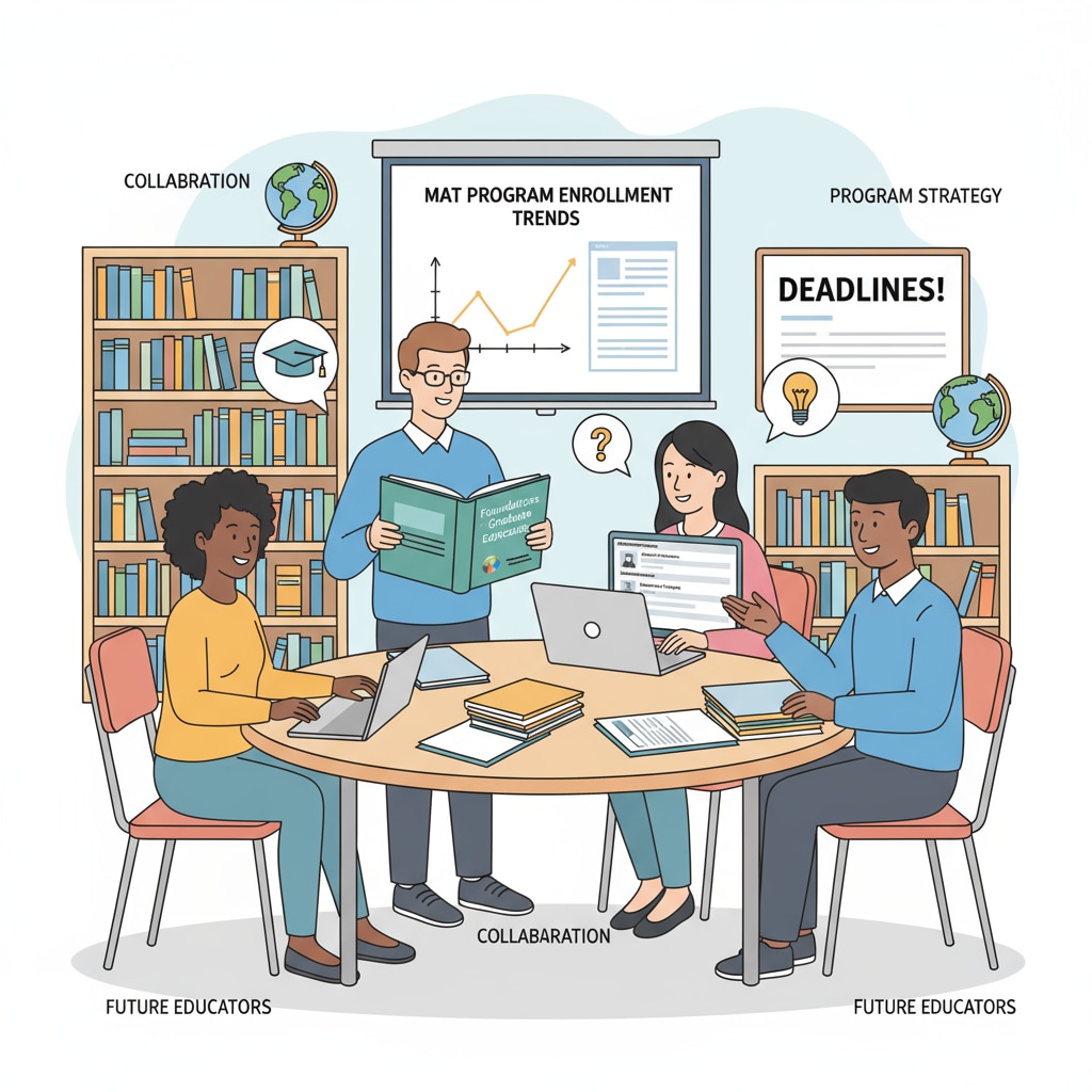 A group of teaching assistants collaborating in a school setting, discussing MAT program applications Teaching assistants discussing MAT program applications and recommendation letters