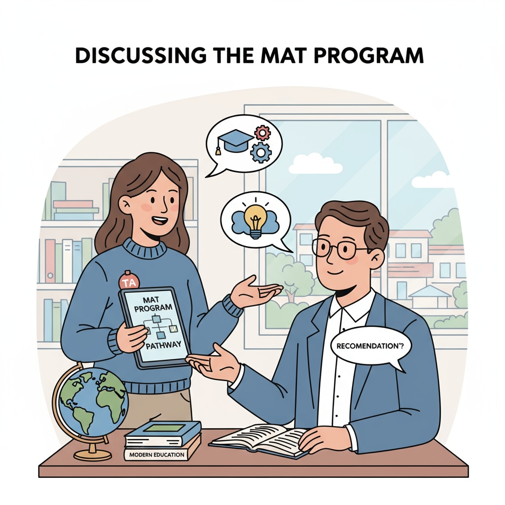 A teaching assistant having a conversation with a principal, discussing a potential MAT program recommendation Teaching assistant and principal talking about MAT program recommendation letter