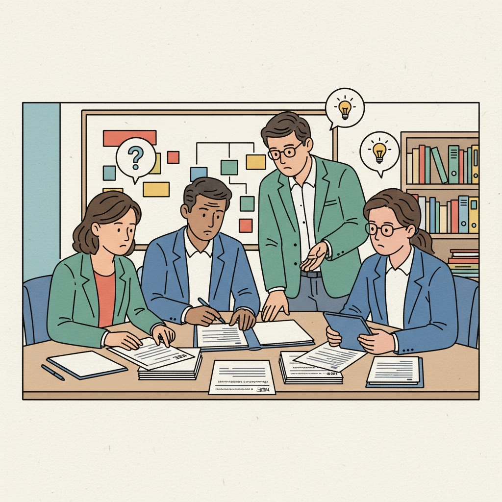 A group of special educators engaged in a discussion while looking at IEP documents on a table. This represents the common situation where educators try to make sense of these complex documents. Special educators facing reading comprehension difficulties with IEP documents