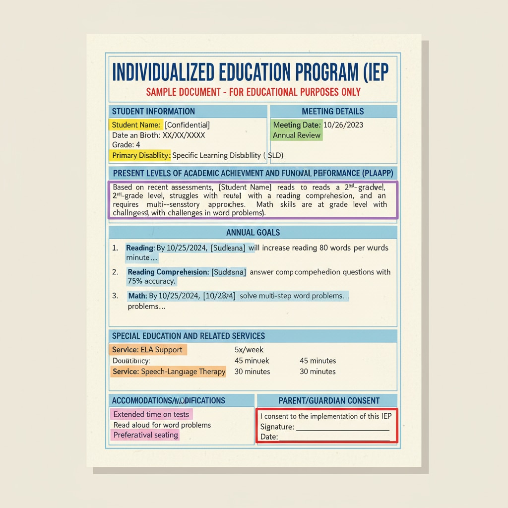 A page from an IEP document showing various sections and highlighted important information, emphasizing the complexity of the content. Close-up view of an IEP document highlighting reading comprehension challenges