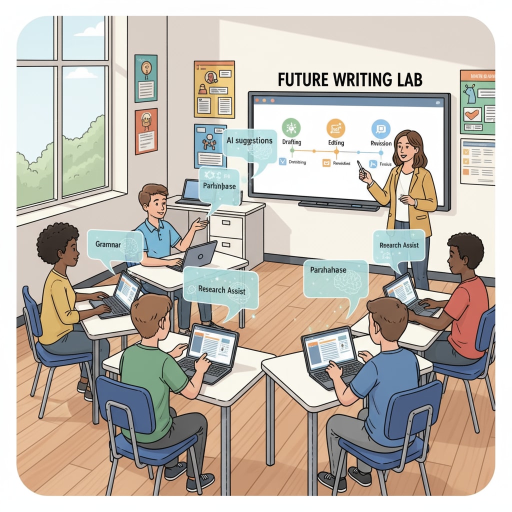 A classroom scene where students are using AI writing tools on their devices. Students using AI writing tools in a classroom related to AI detectors, manual input, and text rewriting