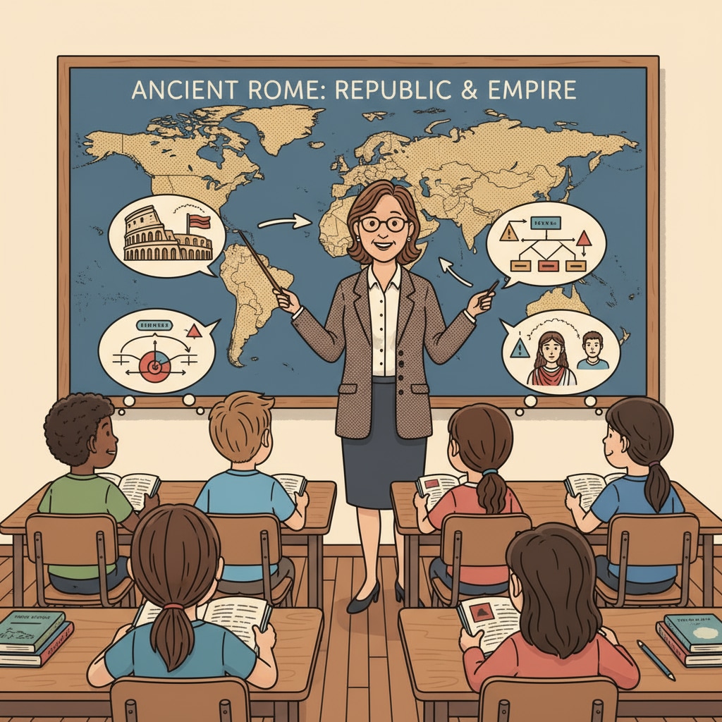 A classroom setting where a history teacher is explaining a topic to students. A classroom scene related to history education for teacher career and college application preparation.