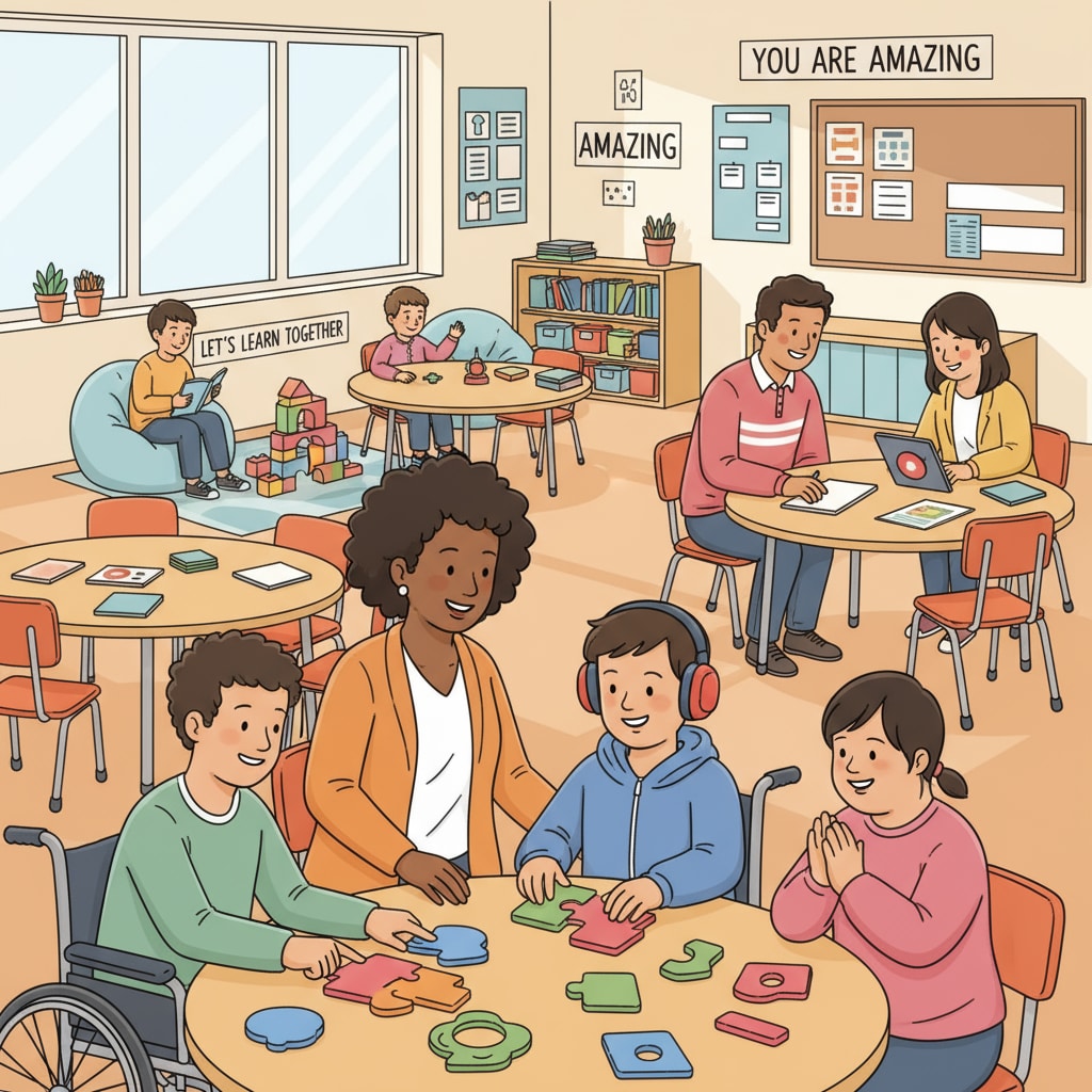 A classroom setting with special education students engaged in learning activities. Special education students in a classroom during the government shutdown threat