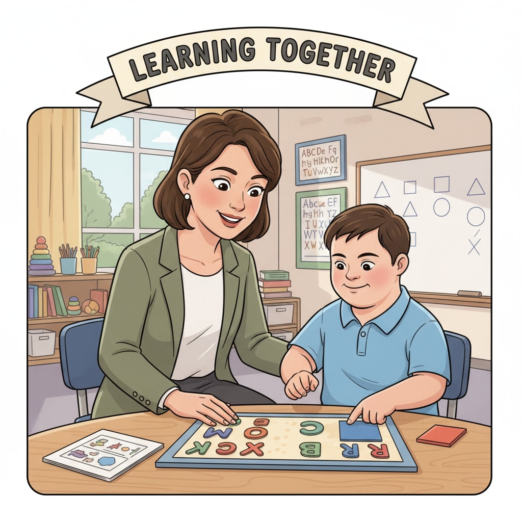 An educator is patiently assisting a special education student with a learning task. Educator helping a special education student amidst potential federal office cuts