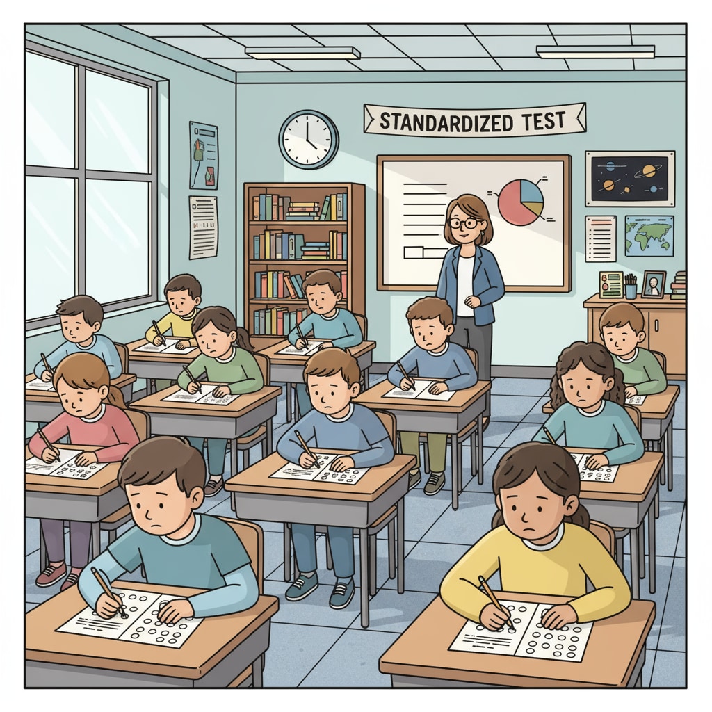 A classroom scene where students are sitting at desks, concentrating on a standardized test paper. Students taking a standardized test related to No Child Left Behind policy