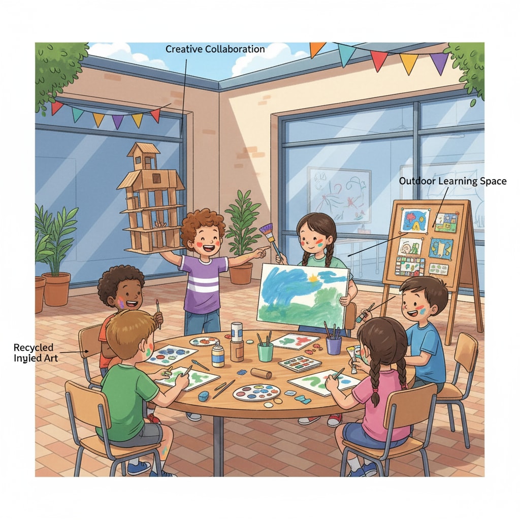 A group of students are working together on a creative art project in an open space outside the classroom, showing enthusiasm and creativity. Students engaged in a creative project beyond test-oriented learning under No Child Left Behind