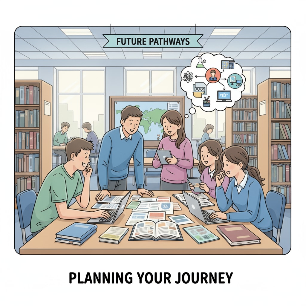 A group of high school students discussing university and career options in a library, showing their engagement in planning for the future. High school students discussing university education, major selection, academic success, and career planning in a library