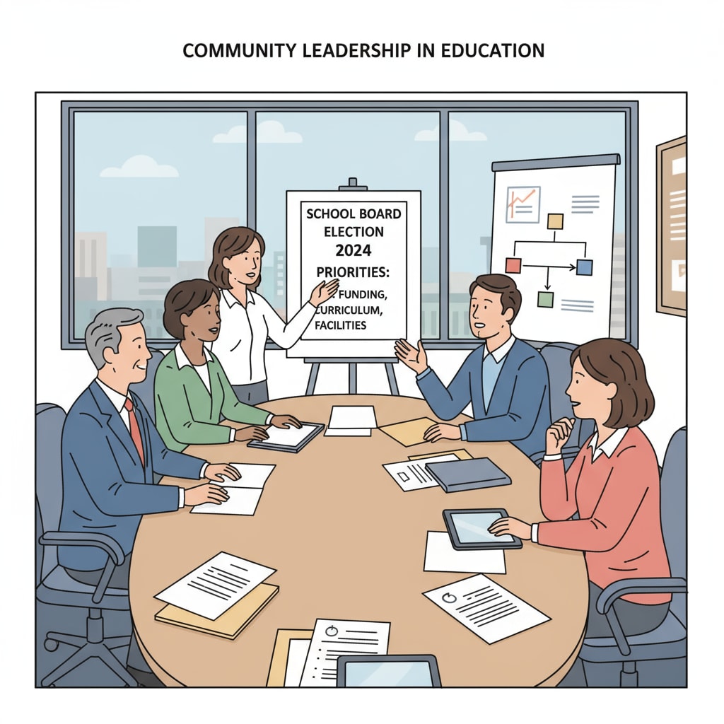 A group of people are sitting around a table in a meeting room, engaged in a discussion about school board election topics, with some papers and folders on the table. People discussing school board election matters in a meeting room, related to school boards, election violence, and political civility