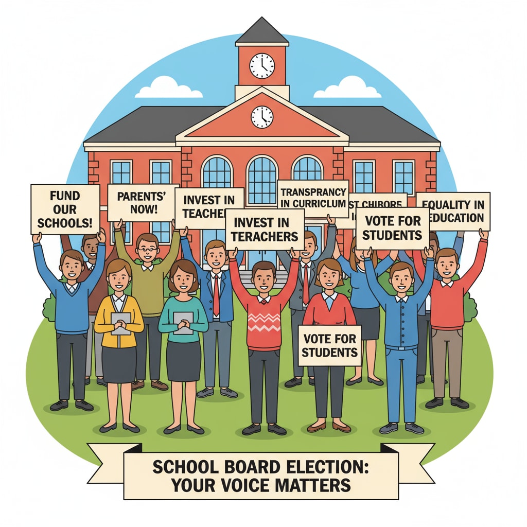 A group of people are holding placards in a peaceful protest, with slogans related to school board election policies. A peaceful protest related to school board election policies, associated with school boards, election violence, and political civility