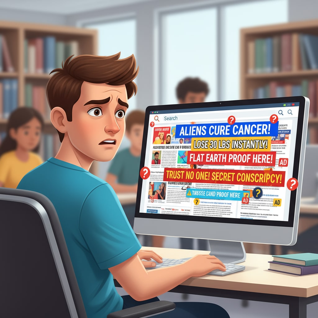 A student facing the difficulties of the information desert in the context of the attention economy and tech manipulation