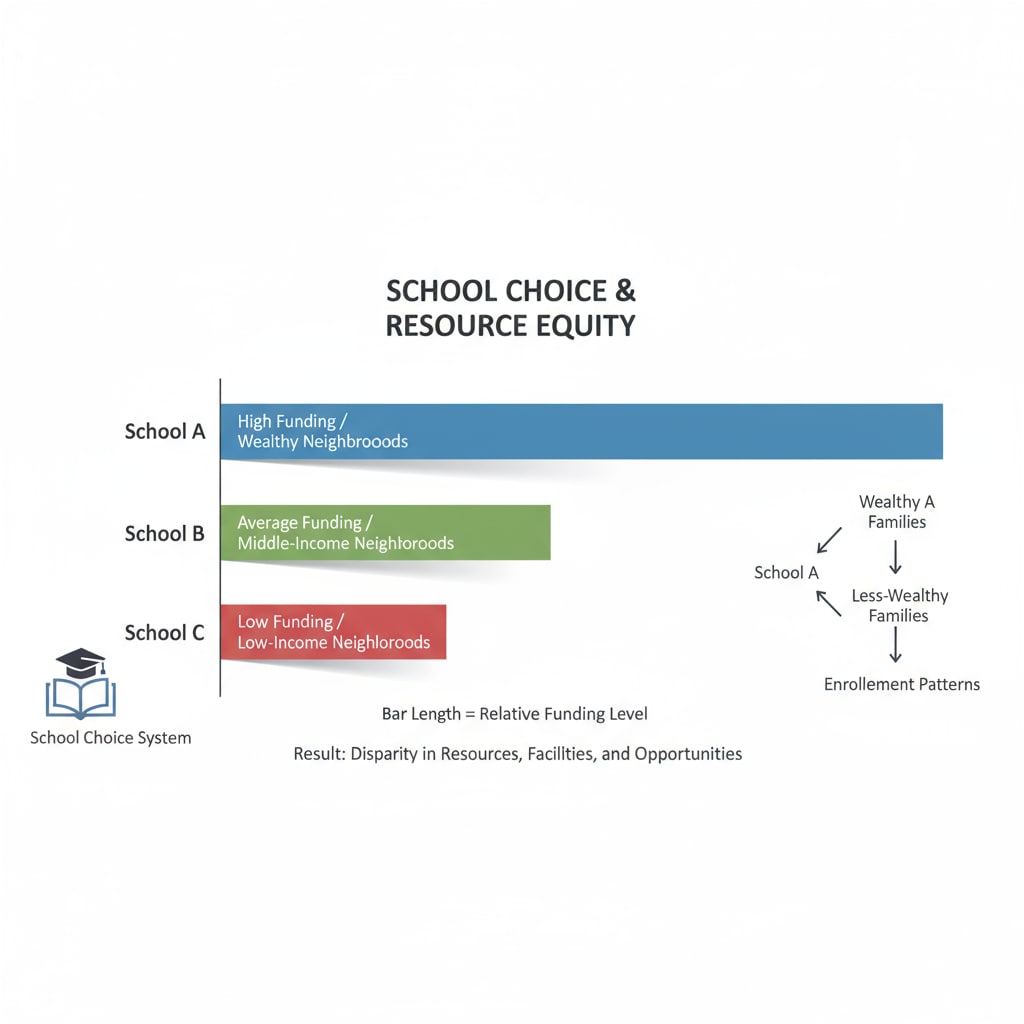 A graph depicting the potential unequal distribution of resources due to school choice, with bars showing differences in funding for different schools. A graph demonstrating the impact of school choice on resource allocation, related to the political controversy and educational policy.