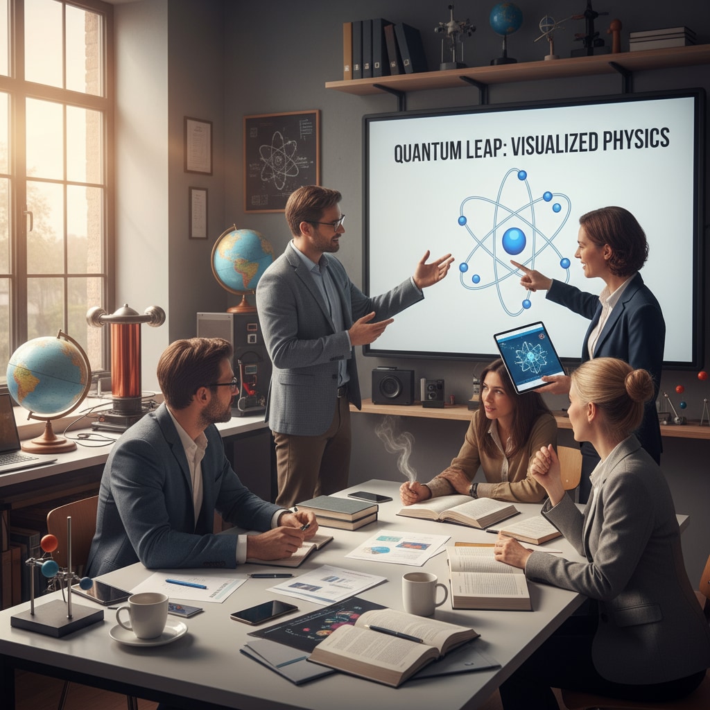 A group of physics teachers are engaged in a lively discussion about innovative teaching methods in a well-equipped classroom. Physics teachers discussing educational strategies in a classroom while considering postgraduate education options during on-the-job learning.