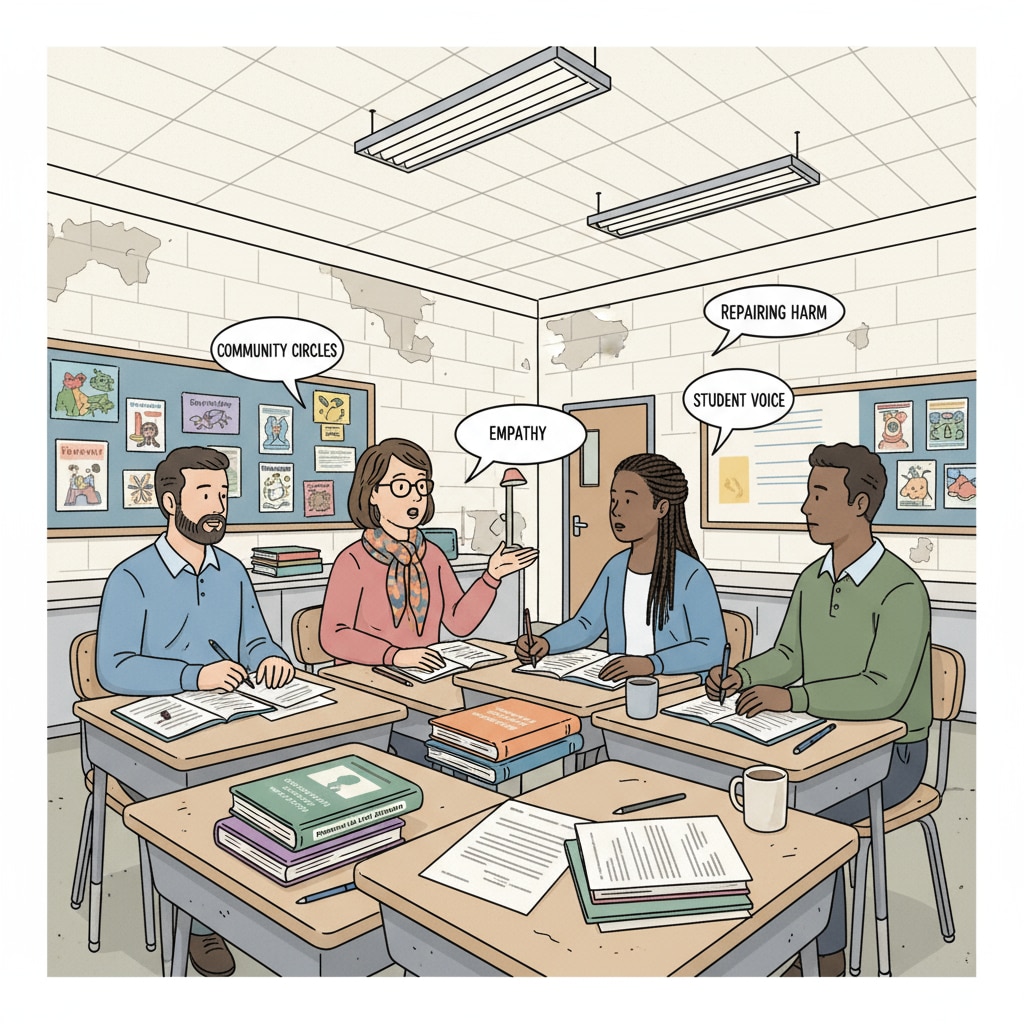 A group of educators are engaged in a discussion about restorative justice in a classroom setting typical of a Title 1 school. There are textbooks and teaching materials on the desks, indicating the educational environment. Educators discussing restorative justice in a Title 1 school classroom
