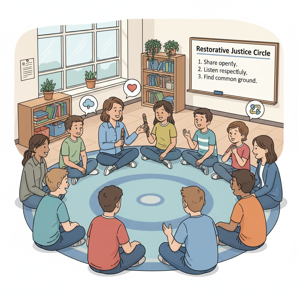 Students and teachers are sitting in a circle, having a restorative justice session. There are open expressions on their faces, suggesting an open and honest communication environment. Students and teachers in a restorative justice circle in a Title 1 school