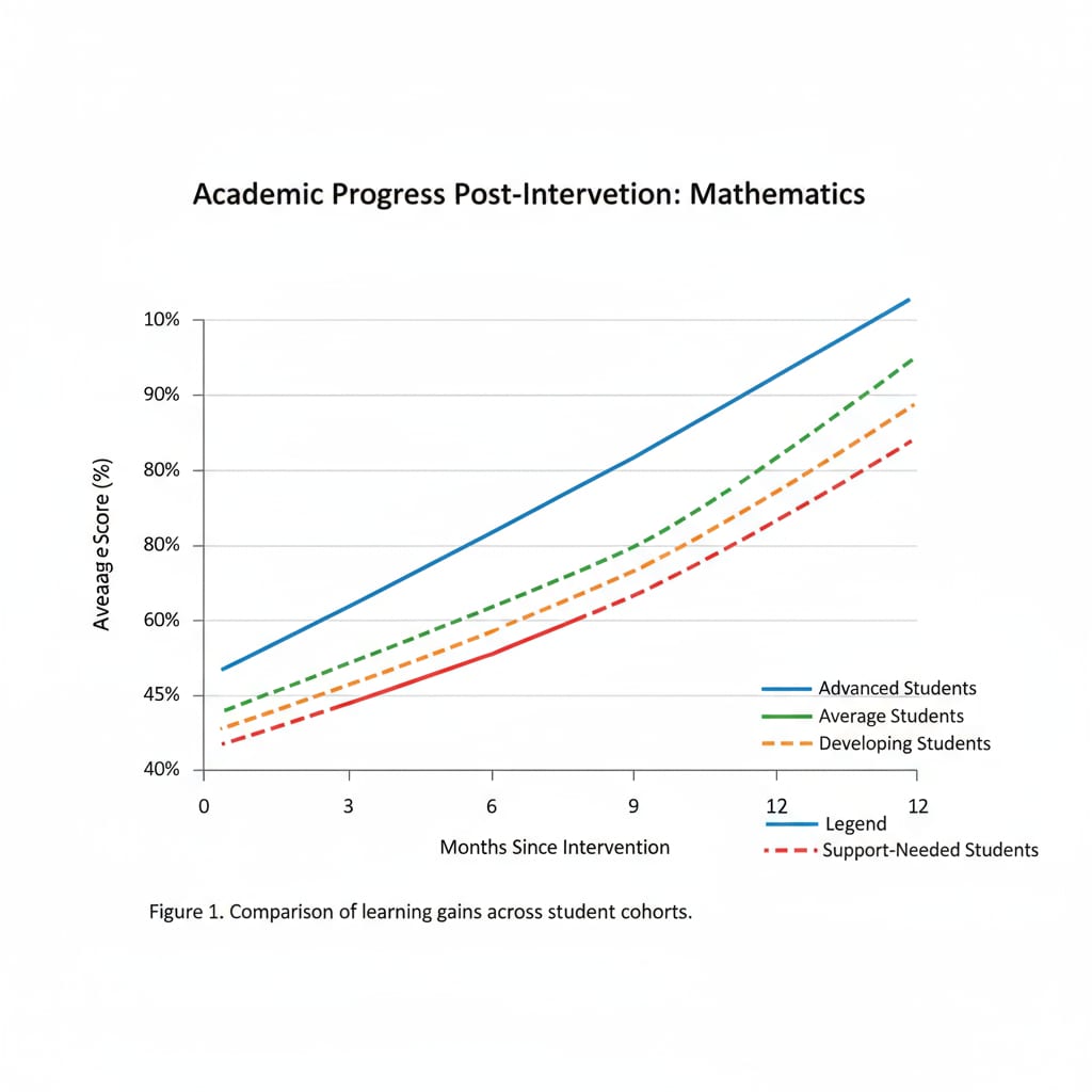 A graph showing the progress of different student groups in a particular subject after an educational intervention Graph showing student progress after educational intervention, related to research, evaluation, and educational social inequality