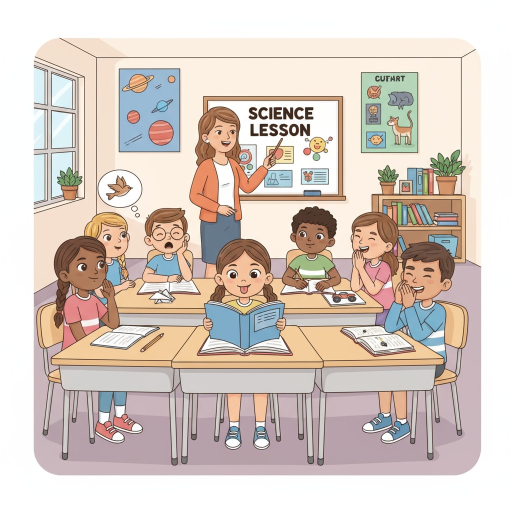 A classroom scene where students with different behaviors are sitting together, some seem distracted while others are trying to focus on the lesson A classroom with students showing various behaviors affecting the learning environment in the education system
