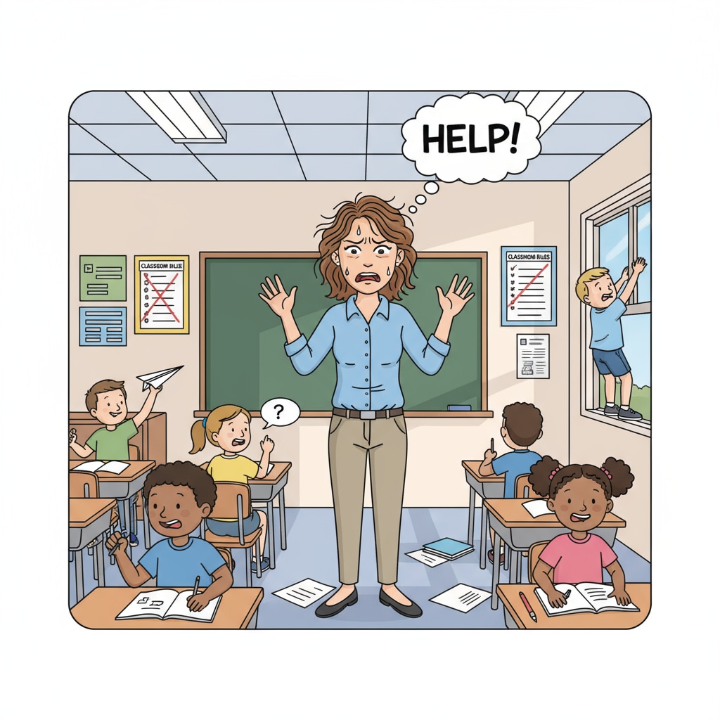 A teacher standing in front of a classroom, looking stressed while trying to manage the students' behaviors A teacher struggling to manage students' behaviors in a classroom related to education system issues