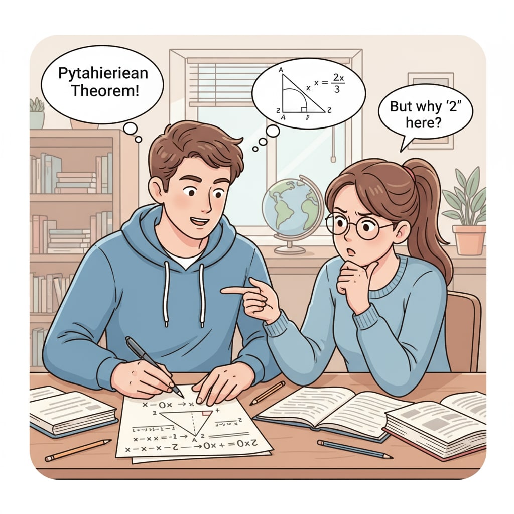 Two high school students are in a study room. One student is writing on a piece of paper, explaining a complex math problem to the other student. The listener is attentively listening and asking questions. High school students engaged in peer teaching of math