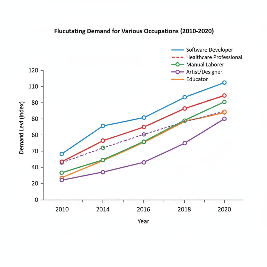 A graph displays the fluctuating demand for different occupations over a span of several years. The x-axis represents the years, and the y-axis shows the demand level. Different colored lines represent various occupations. Graph showing changing demand for occupations related to career planning, dream jobs, and employment concerns