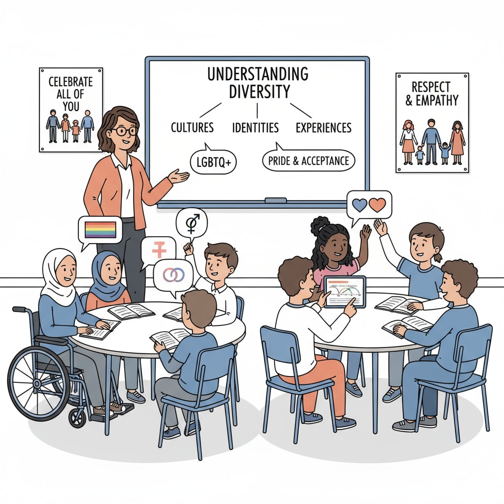 Classroom scene promoting LGBTQ+, First Amendment, and diversity education