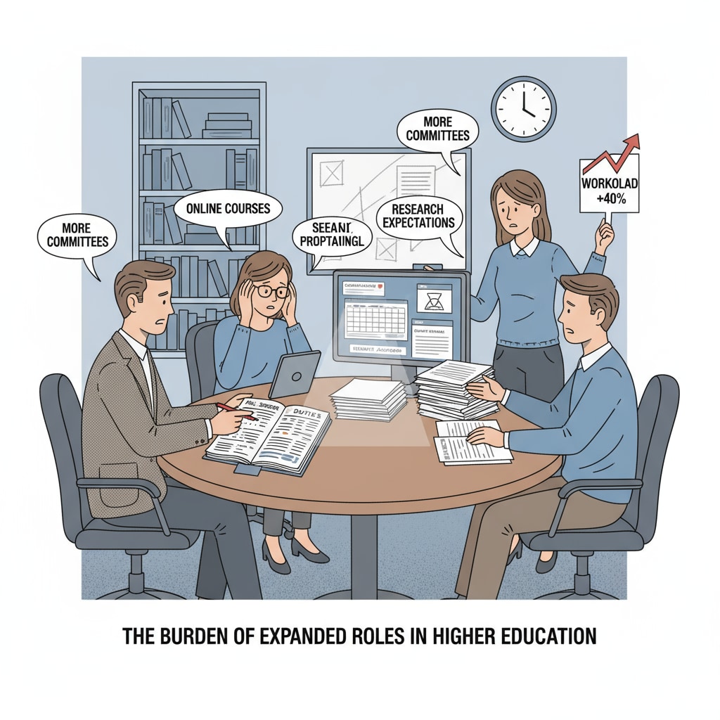 Educators discussing expanded duties and workloads in higher education