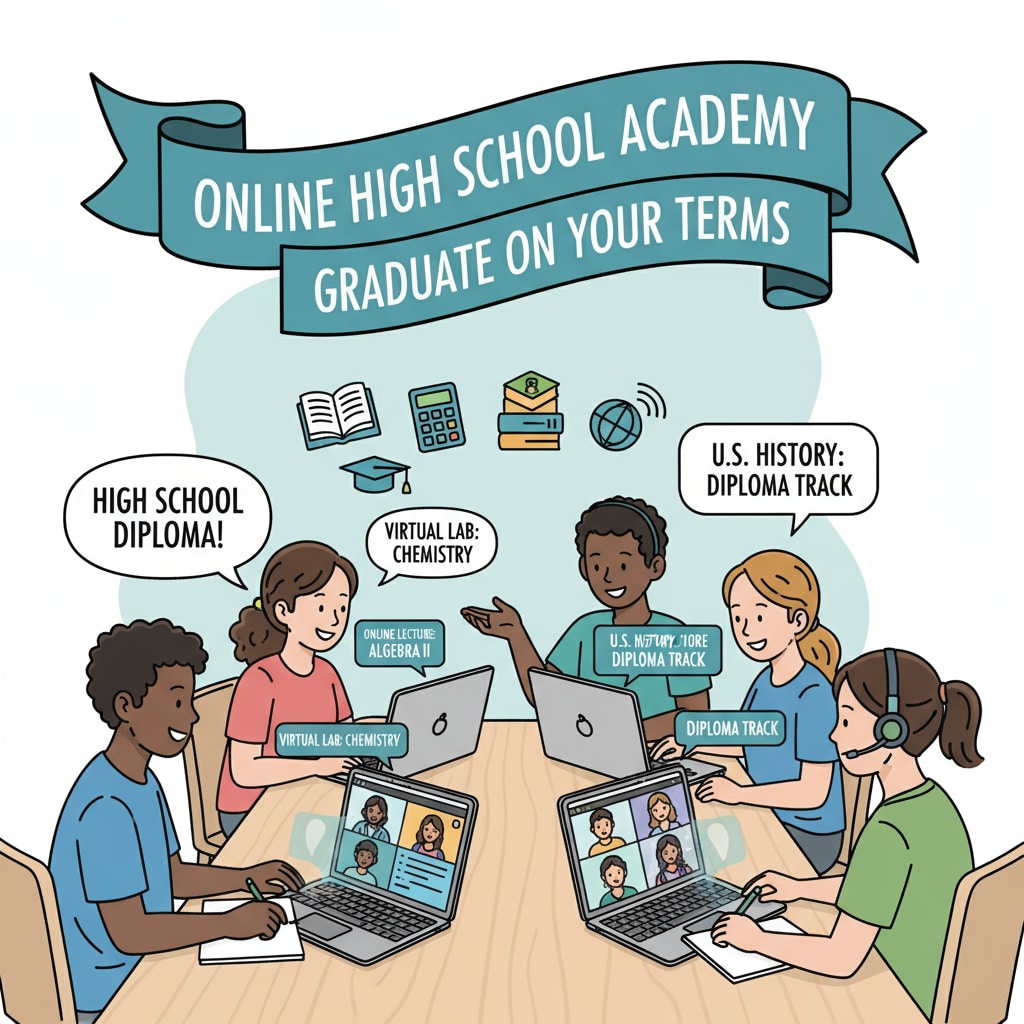 Students are seen studying on their laptops, engaged in online high school courses, aiming to obtain their high school diplomas. Students studying online for high school diplomas