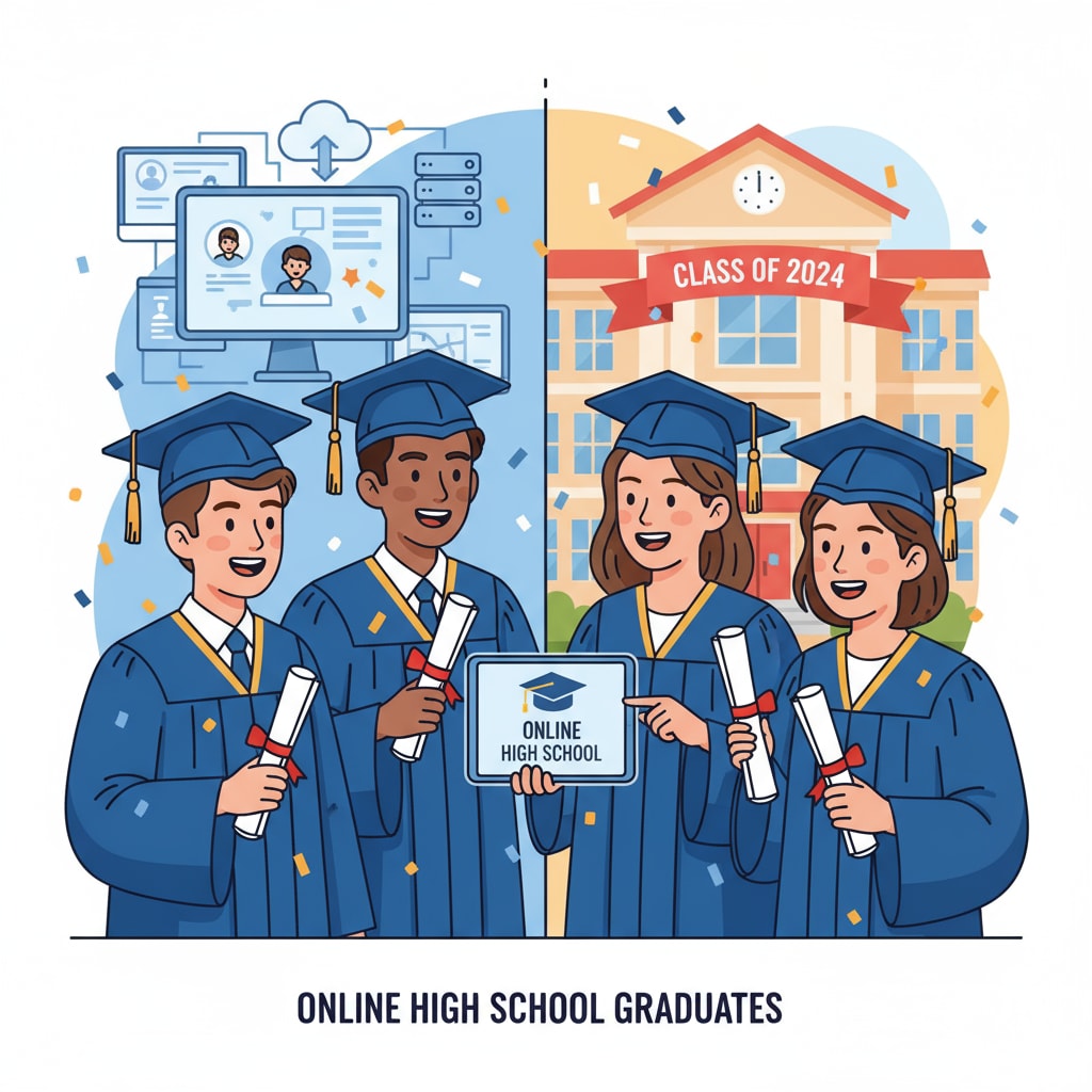 A group of students are holding their high school diplomas, smiling, having graduated from online high schools. Students celebrating high school diplomas from online high schools