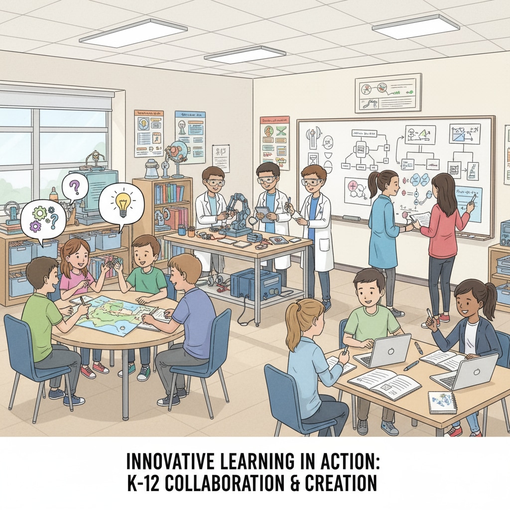 A group of K12 students are actively involved in an innovative classroom activity, such as group discussions or hands - on projects. K12 students engaged in an innovative classroom activity related to teacher interviews, innovative courses, and student engagement