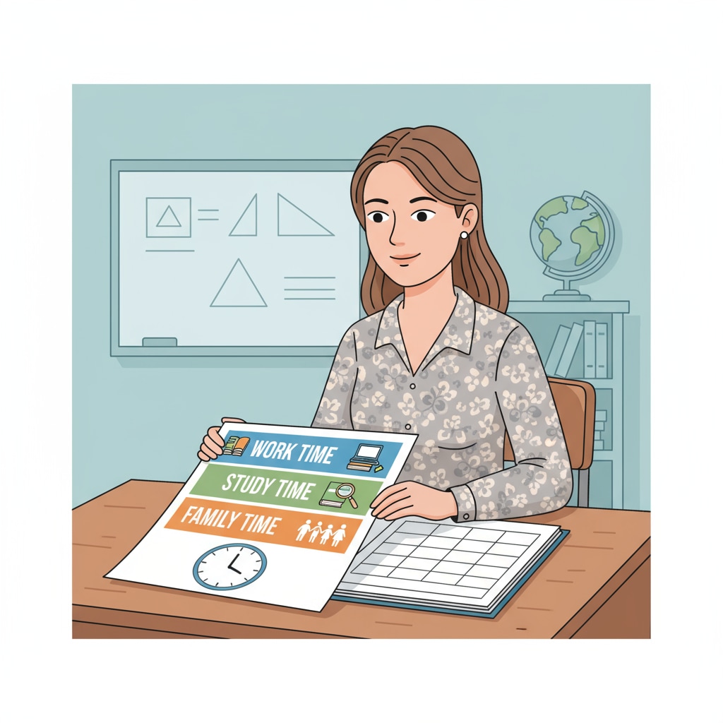 A busy K12 educator looking at a schedule with work, study, and family time marked. A K12 educator managing time for work, study, and marriage.