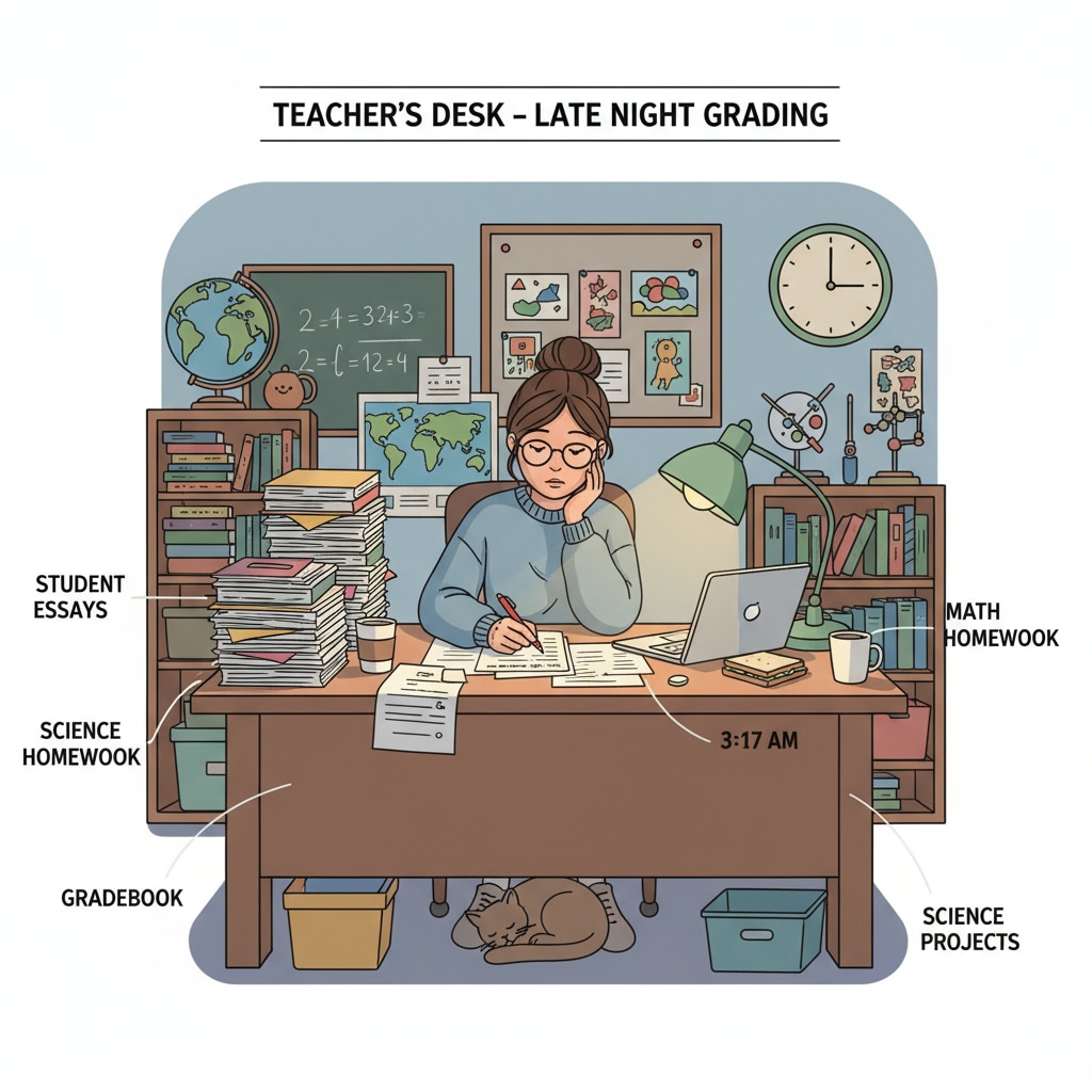 A K12 teacher grading papers late at night. A K12 teacher sacrificing personal time for work.
